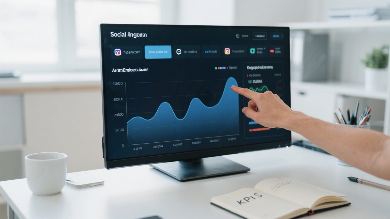 Large monitor displaying social media analytics graphs, a notebook with KPIs written, and a hand pointing to engagement metrics in a calm office setting.