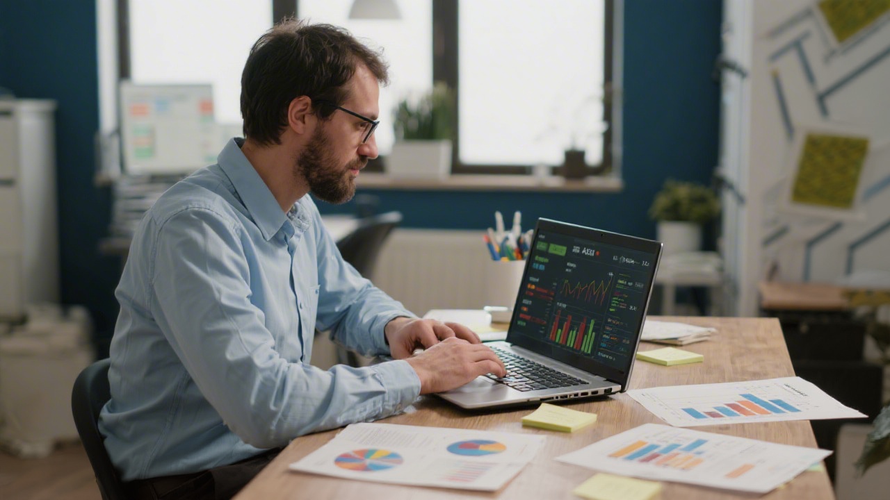 Laptop screen showing ad campaign dashboard with charts, a person taking notes, and a marketing book beside, portraying structured paid media analysis.