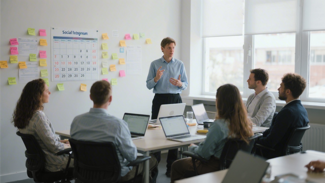 Training room with a small group discussing social media calendars, sticky notes on a wall, laptops open, and a trainer facilitating a collaborative session.