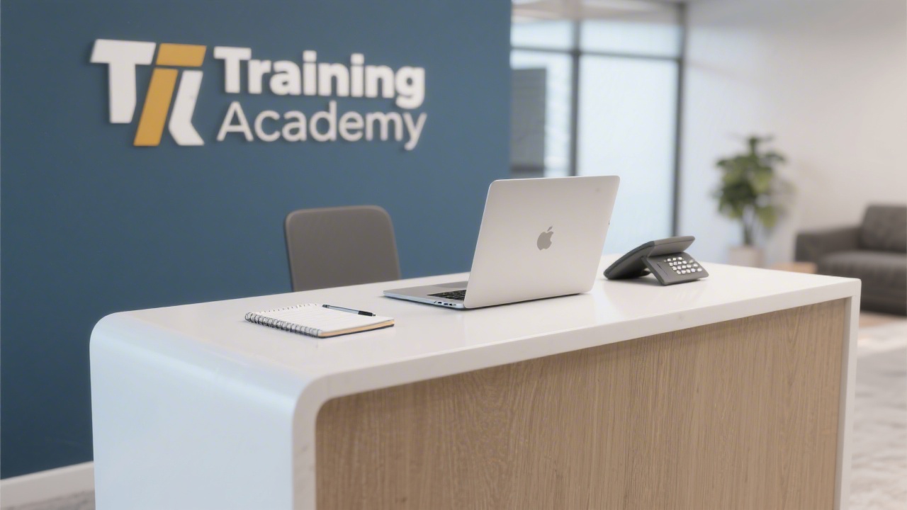 Modern reception desk with a laptop, notepad, and phone, representing a calm and professional contact point for a training academy.