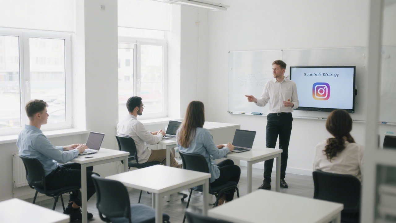 Bright classroom with young professionals working on laptops, large window light, modern desks, and a presenter explaining social media strategy on a screen.