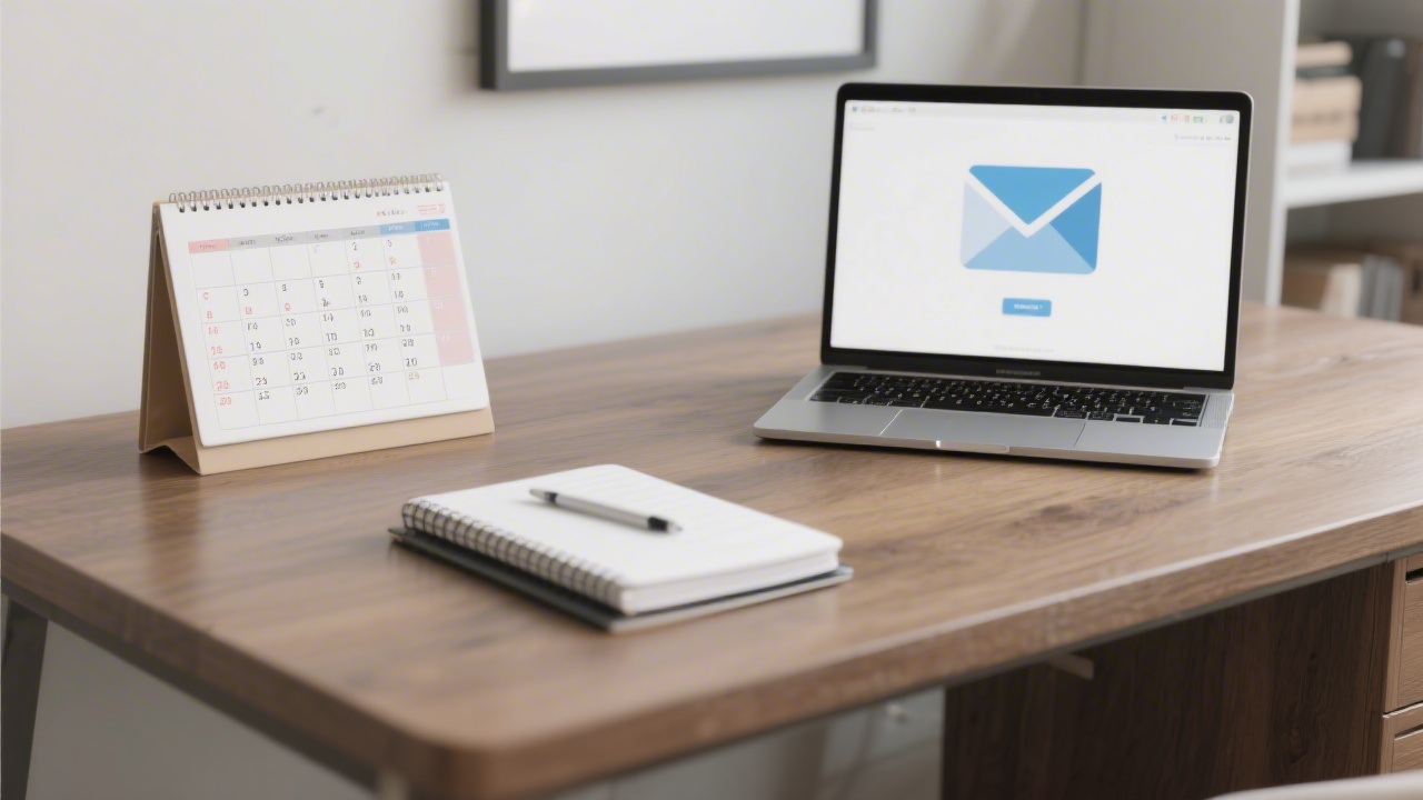 Cozy office corner with a wooden desk, a notebook, a laptop open on email, and soft natural light entering through a window.