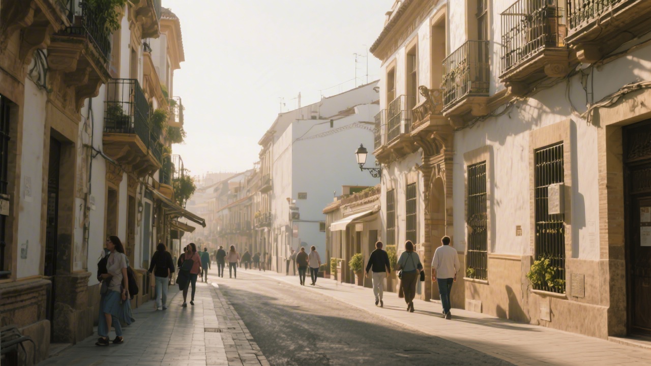 A calm street in Seville with traditional architecture, soft afternoon light, and people walking, representing the local culture and creative atmosphere of the city.