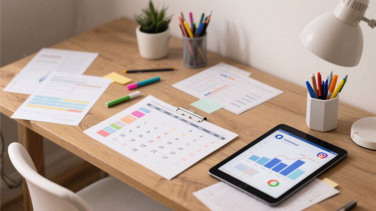 Strategic planning desk with printed content calendars, colored pens, a tablet showing social media dashboards, and a cup of coffee creating a focused work mood.