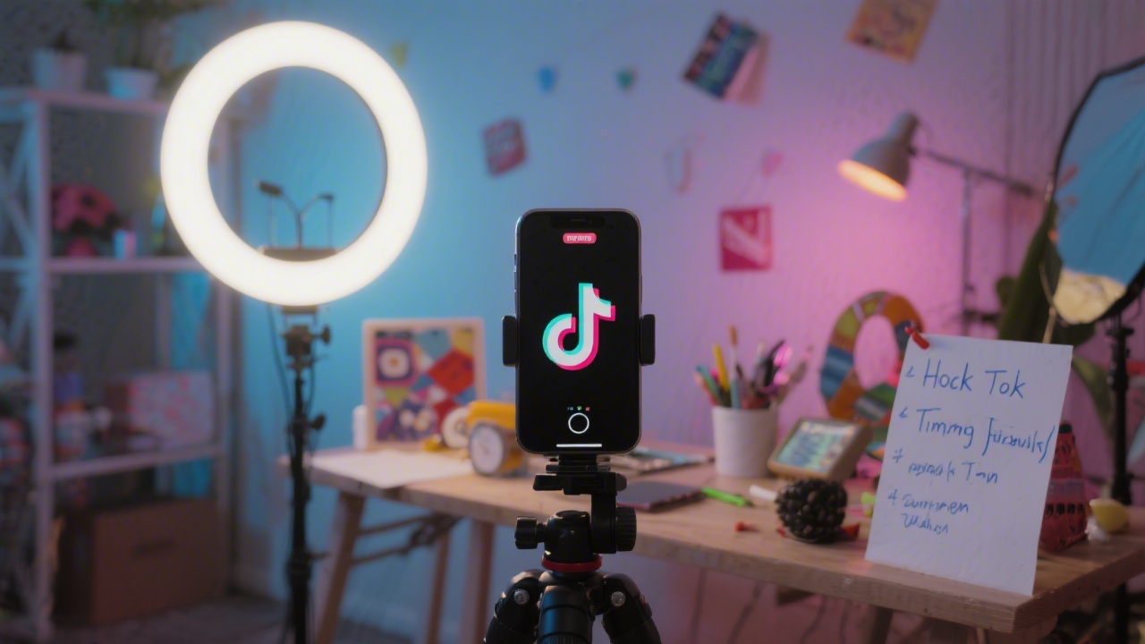 Creative workspace with a phone on a tripod, softbox lights, and a storyboard for short videos, representing TikTok content production in a small studio.