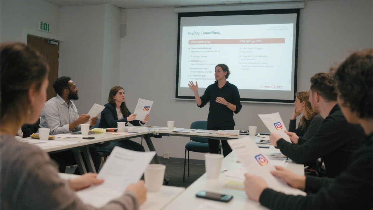 Small workshop space with whiteboard, projector, and participants discussing content ideas in groups, creating an interactive and collaborative learning environment.